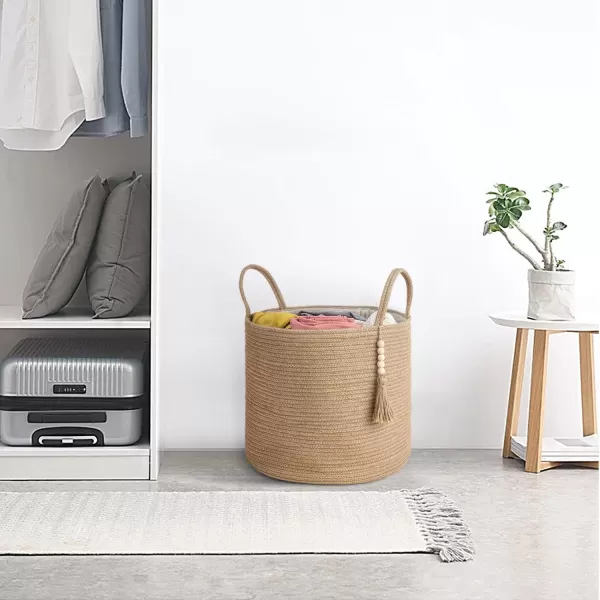 Mkono Woven Storage Basket Decorative Natural Rope Basket Wooden Bead Decoration for BlanketsToysClothesShoesPlant Organizer Bin with Handles Living Room Home Decor Jute 16quot W  138quotLBrown