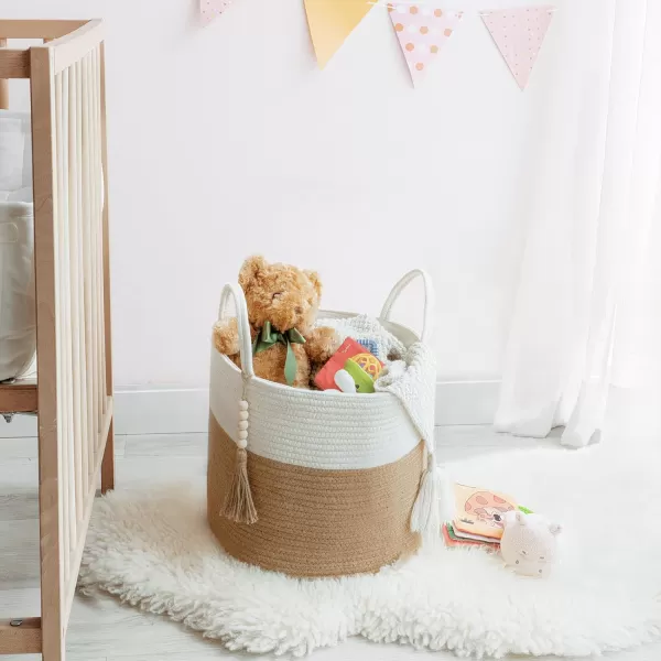 Mkono Woven Storage Basket Decorative Natural Rope Basket Wooden Bead Decoration for BlanketsToysClothesShoesPlant Organizer Bin with Handles Living Room Home Decor Jute 16quot W  138quotLWhite and Yellow