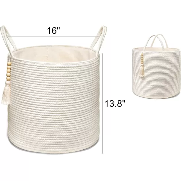Mkono Woven Storage Basket Decorative Natural Rope Basket Wooden Bead Decoration for BlanketsToysClothesShoesPlant Organizer Bin with Handles Living Room Home Decor Jute 16quot W  138quotLWhite