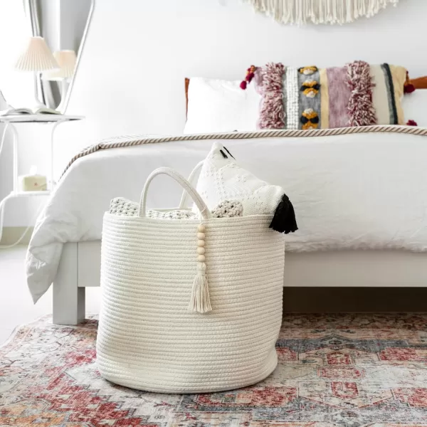 Mkono Woven Storage Basket Decorative Natural Rope Basket Wooden Bead Decoration for BlanketsToysClothesShoesPlant Organizer Bin with Handles Living Room Home Decor Jute 16quot W  138quotLWhite