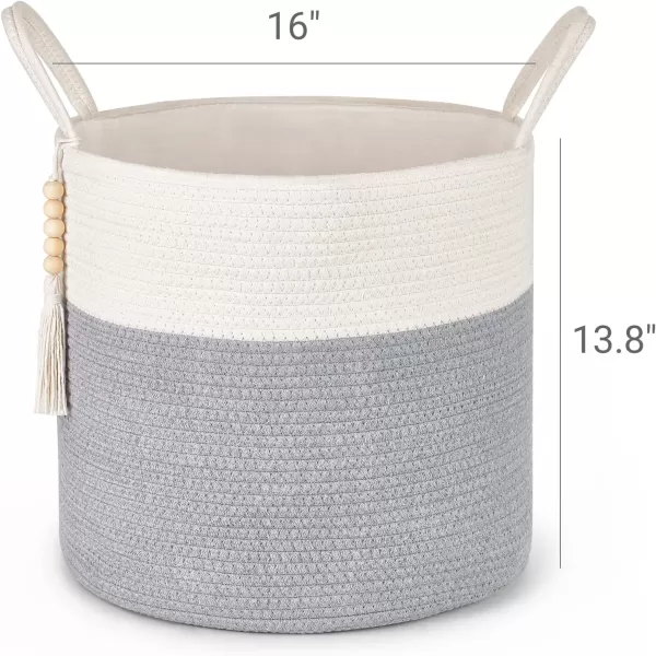 Mkono Woven Storage Basket Decorative Natural Rope Basket Wooden Bead Decoration for BlanketsToysClothesShoesPlant Organizer Bin with Handles Living Room Home Decor Jute 16quot W  138quotLGrey and White