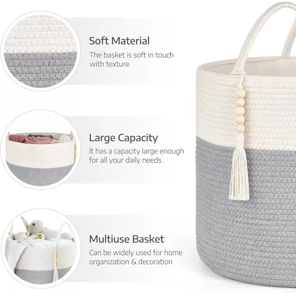 Mkono Woven Storage Basket Decorative Natural Rope Basket Wooden Bead Decoration for BlanketsToysClothesShoesPlant Organizer Bin with Handles Living Room Home Decor Jute 16quot W  138quotLGrey and White