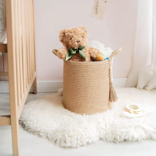 Mkono Woven Storage Basket Decorative Natural Rope Basket Wooden Bead Decoration for BlanketsToysClothesShoesPlant Organizer Bin with Handles Living Room Home Decor Jute 16quot W  138quotLBrown