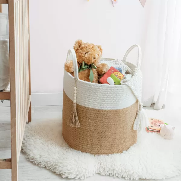 Mkono Woven Storage Basket Decorative Natural Rope Basket Wooden Bead Decoration for BlanketsToysClothesShoesPlant Organizer Bin with Handles Living Room Home Decor Jute 16quot W  138quotLWhite and Yellow