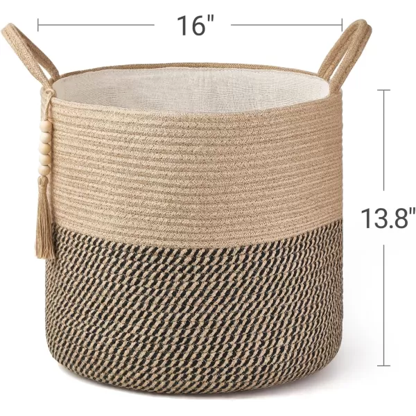 Mkono Woven Storage Basket Decorative Natural Rope Basket Wooden Bead Decoration for BlanketsToysClothesShoesPlant Organizer Bin with Handles Living Room Home Decor Jute 16quot W  138quotLYellow and Black