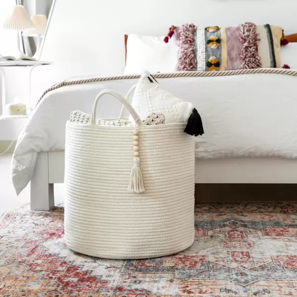 Mkono Woven Storage Basket Decorative Natural Rope Basket Wooden Bead Decoration for BlanketsToysClothesShoesPlant Organizer Bin with Handles Living Room Home Decor Jute 16quot W  138quotLWhite