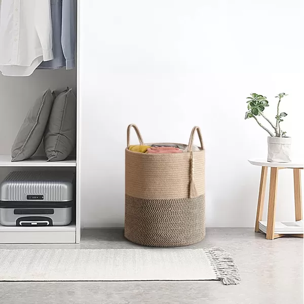 Mkono Woven Storage Basket Decorative Natural Rope Basket Wooden Bead Decoration for BlanketsToysClothesShoesPlant Organizer Bin with Handles Living Room Home Decor Jute 16quot W  138quotLYellow and Black