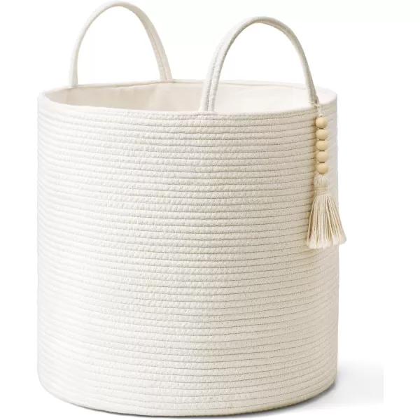 Mkono Woven Storage Basket Decorative Natural Rope Basket Wooden Bead Decoration for BlanketsToysClothesShoesPlant Organizer Bin with Handles Living Room Home Decor Jute 16quot W  138quotLWhite