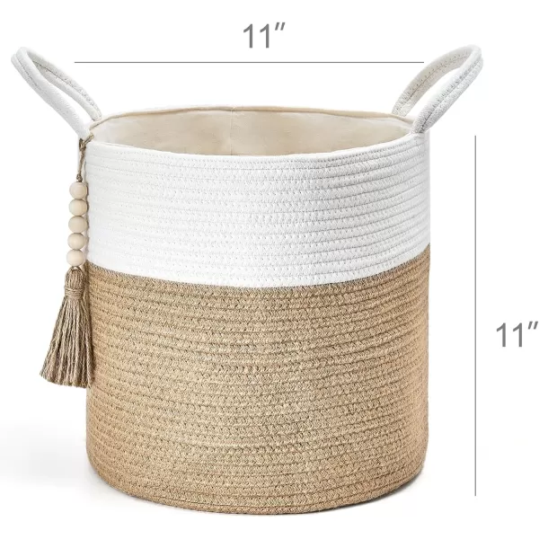 Mkono Woven Storage Basket Decorative Natural Rope Basket Wooden Bead Decoration for BlanketsToysClothesShoesPlant Organizer Bin with Handles Living Room Home Decor Jute 16quot W  138quotLWhite and Yellow