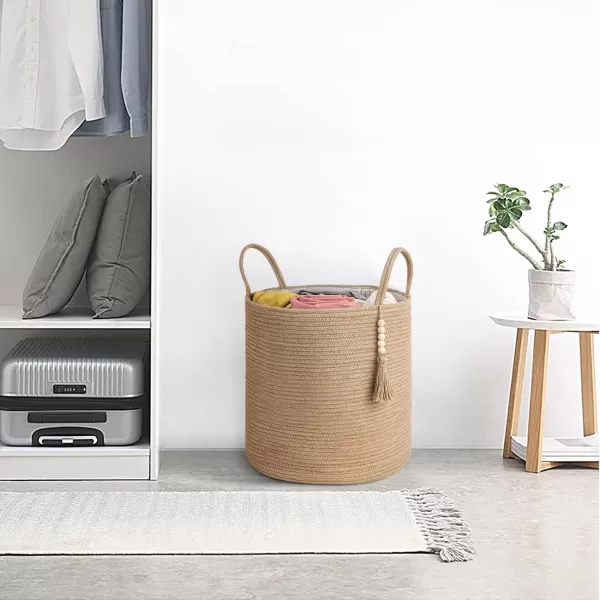Mkono Woven Storage Basket Decorative Natural Rope Basket Wooden Bead Decoration for BlanketsToysClothesShoesPlant Organizer Bin with Handles Living Room Home Decor Jute 16quot W  138quotLBrown