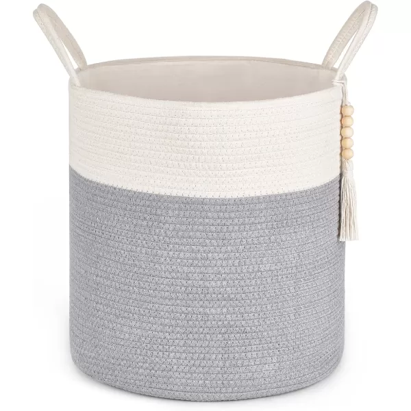 Mkono Woven Storage Basket Decorative Natural Rope Basket Wooden Bead Decoration for BlanketsToysClothesShoesPlant Organizer Bin with Handles Living Room Home Decor Jute 16quot W  138quotLGrey and White