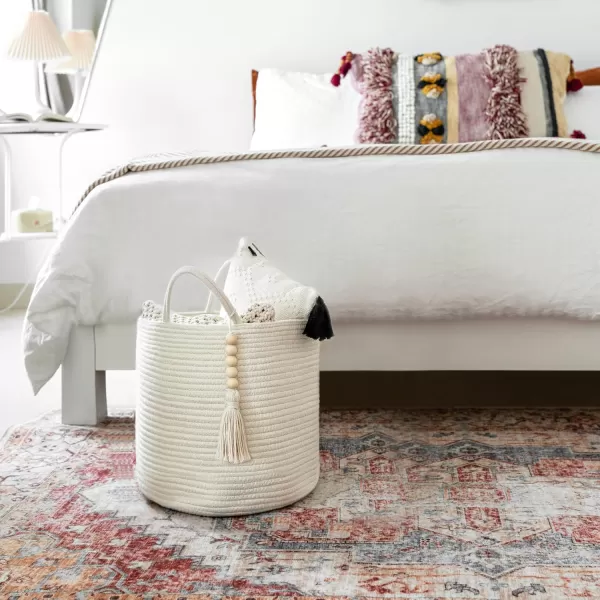 Mkono Woven Storage Basket Decorative Natural Rope Basket Wooden Bead Decoration for BlanketsToysClothesShoesPlant Organizer Bin with Handles Living Room Home Decor Jute 16quot W  138quotLWhite