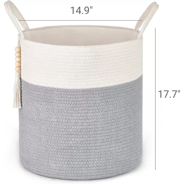Mkono Woven Storage Basket Decorative Natural Rope Basket Wooden Bead Decoration for BlanketsToysClothesShoesPlant Organizer Bin with Handles Living Room Home Decor Jute 16quot W  138quotLGrey and White