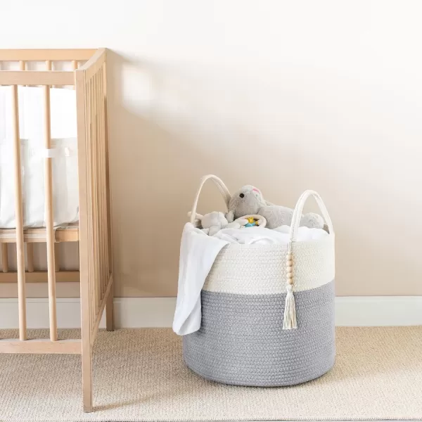 Mkono Woven Storage Basket Decorative Natural Rope Basket Wooden Bead Decoration for BlanketsToysClothesShoesPlant Organizer Bin with Handles Living Room Home Decor Jute 16quot W  138quotLGrey and White