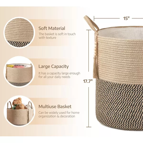 Mkono Woven Storage Basket Decorative Natural Rope Basket Wooden Bead Decoration for BlanketsToysClothesShoesPlant Organizer Bin with Handles Living Room Home Decor Jute 16quot W  138quotLYellow and Black