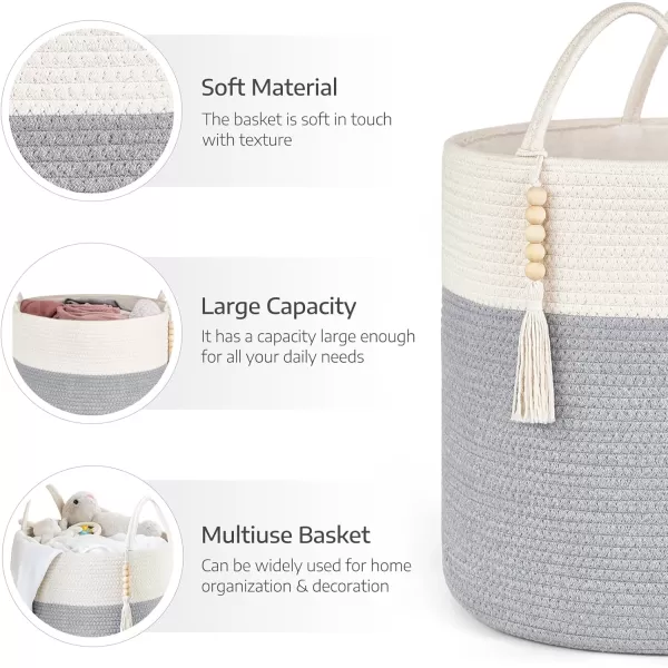 Mkono Woven Storage Basket Decorative Natural Rope Basket Wooden Bead Decoration for BlanketsToysClothesShoesPlant Organizer Bin with Handles Living Room Home Decor Jute 16quot W  138quotLGrey and White