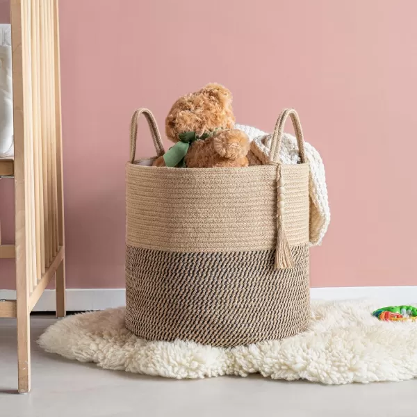 Mkono Woven Storage Basket Decorative Natural Rope Basket Wooden Bead Decoration for BlanketsToysClothesShoesPlant Organizer Bin with Handles Living Room Home Decor Jute 16quot W  138quotLYellow and Black