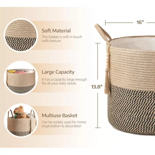 Mkono Woven Storage Basket Decorative Natural Rope Basket Wooden Bead Decoration for BlanketsToysClothesShoesPlant Organizer Bin with Handles Living Room Home Decor Jute 16quot W  138quotLYellow and Black