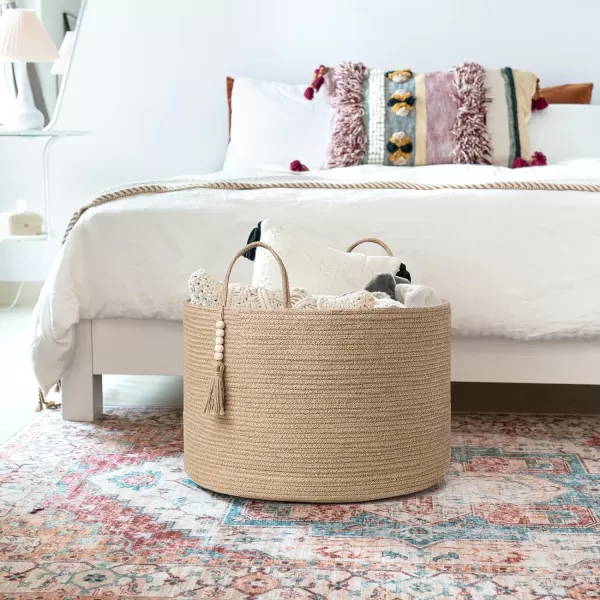 Mkono Woven Storage Basket Decorative Natural Rope Basket Wooden Bead Decoration for BlanketsToysClothesShoesPlant Organizer Bin with Handles Living Room Home Decor Jute 16quot W  138quotLBrown