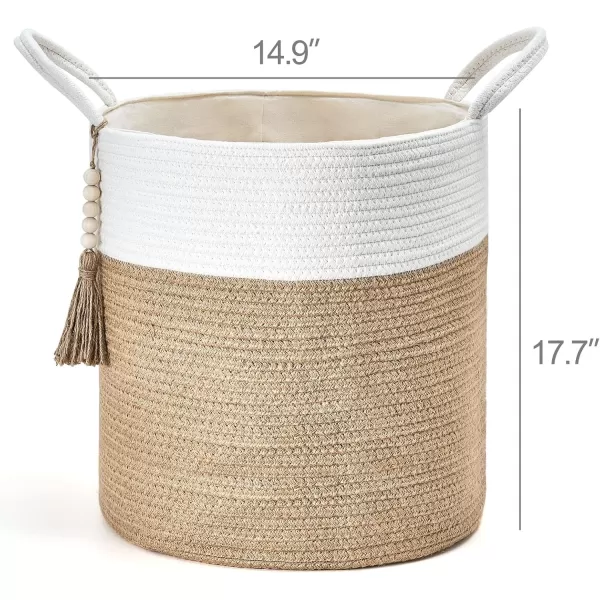 Mkono Woven Storage Basket Decorative Natural Rope Basket Wooden Bead Decoration for BlanketsToysClothesShoesPlant Organizer Bin with Handles Living Room Home Decor Jute 16quot W  138quotLWhite and Yellow