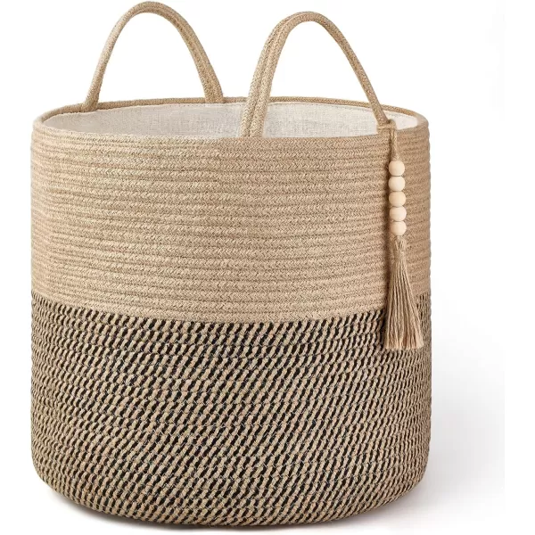 Mkono Woven Storage Basket Decorative Natural Rope Basket Wooden Bead Decoration for BlanketsToysClothesShoesPlant Organizer Bin with Handles Living Room Home Decor Jute 16quot W  138quotLYellow and Black