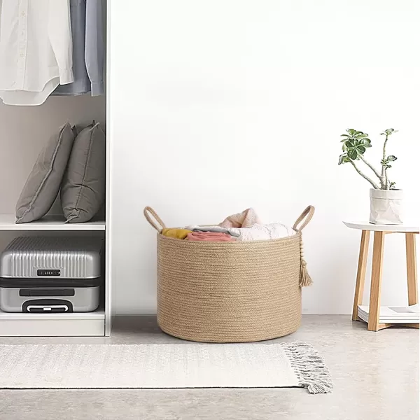 Mkono Woven Storage Basket Decorative Natural Rope Basket Wooden Bead Decoration for BlanketsToysClothesShoesPlant Organizer Bin with Handles Living Room Home Decor Jute 16quot W  138quotLBrown