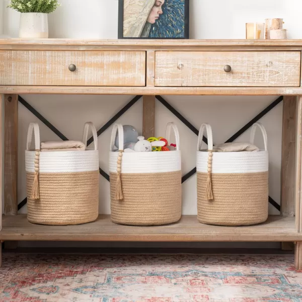 Mkono Woven Storage Basket Decorative Natural Rope Basket Wooden Bead Decoration for BlanketsToysClothesShoesPlant Organizer Bin with Handles Living Room Home Decor Jute 16quot W  138quotLWhite and Yellow