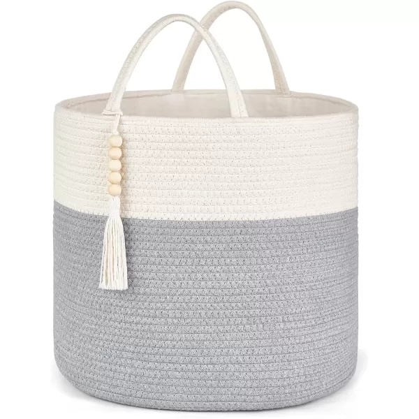 Mkono Woven Storage Basket Decorative Natural Rope Basket Wooden Bead Decoration for BlanketsToysClothesShoesPlant Organizer Bin with Handles Living Room Home Decor Jute 16quot W  138quotLGrey and White