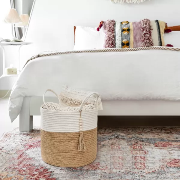 Mkono Woven Storage Basket Decorative Natural Rope Basket Wooden Bead Decoration for BlanketsToysClothesShoesPlant Organizer Bin with Handles Living Room Home Decor Jute 16quot W  138quotLWhite and Yellow