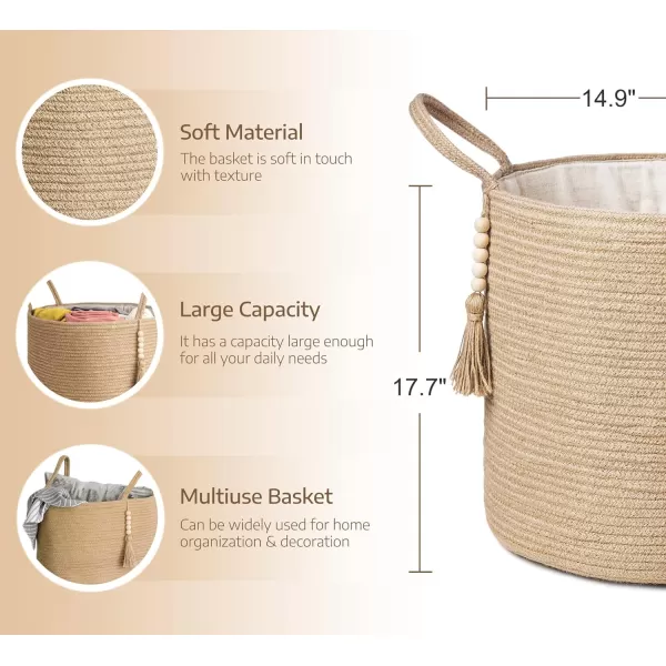 Mkono Woven Storage Basket Decorative Natural Rope Basket Wooden Bead Decoration for BlanketsToysClothesShoesPlant Organizer Bin with Handles Living Room Home Decor Jute 16quot W  138quotLBrown