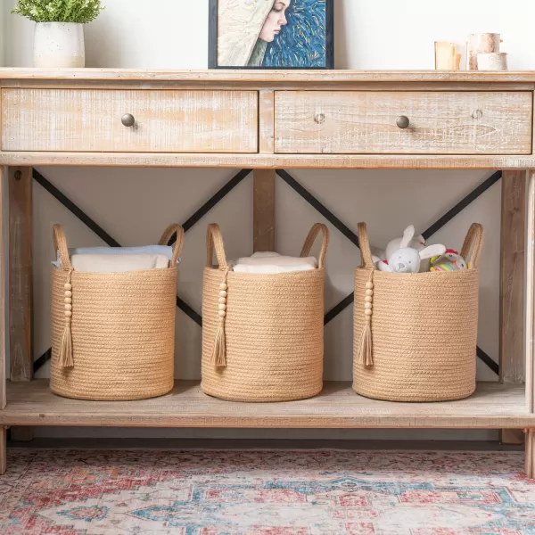 Mkono Woven Storage Basket Decorative Natural Rope Basket Wooden Bead Decoration for BlanketsToysClothesShoesPlant Organizer Bin with Handles Living Room Home Decor Jute 16quot W  138quotLBrown