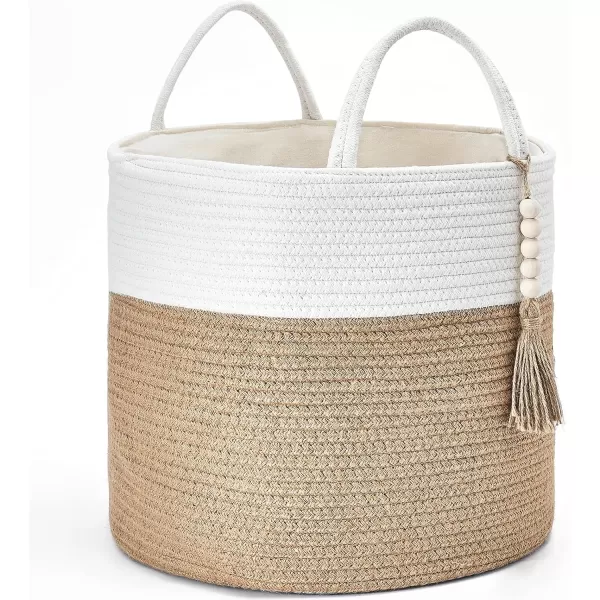 Mkono Woven Storage Basket Decorative Natural Rope Basket Wooden Bead Decoration for BlanketsToysClothesShoesPlant Organizer Bin with Handles Living Room Home Decor Jute 16quot W  138quotLWhite and Yellow