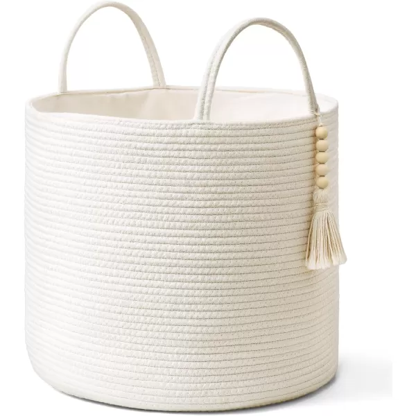 Mkono Woven Storage Basket Decorative Natural Rope Basket Wooden Bead Decoration for BlanketsToysClothesShoesPlant Organizer Bin with Handles Living Room Home Decor Jute 16quot W  138quotLWhite