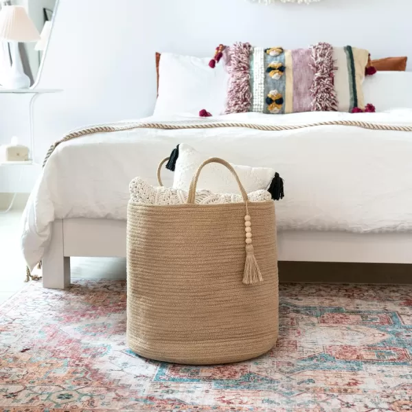 Mkono Woven Storage Basket Decorative Natural Rope Basket Wooden Bead Decoration for BlanketsToysClothesShoesPlant Organizer Bin with Handles Living Room Home Decor Jute 16quot W  138quotLBrown