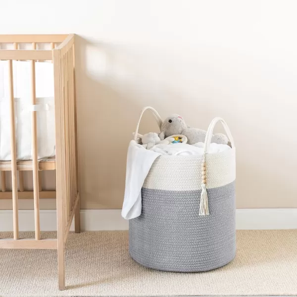 Mkono Woven Storage Basket Decorative Natural Rope Basket Wooden Bead Decoration for BlanketsToysClothesShoesPlant Organizer Bin with Handles Living Room Home Decor Jute 16quot W  138quotLGrey and White