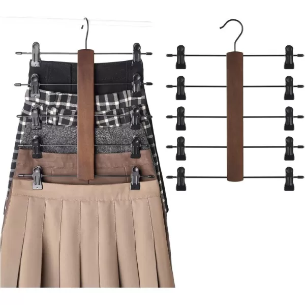 Mkono 3 Pack Pants Hangers Space Saving 5 Tier Skirt Hanger with Adjustable Clips Wood Rubber Coated Clips Clothes Hanger for Shorts Trouser Jeans Organize 360 Swivel Multiple Closet Storage HangerBrown