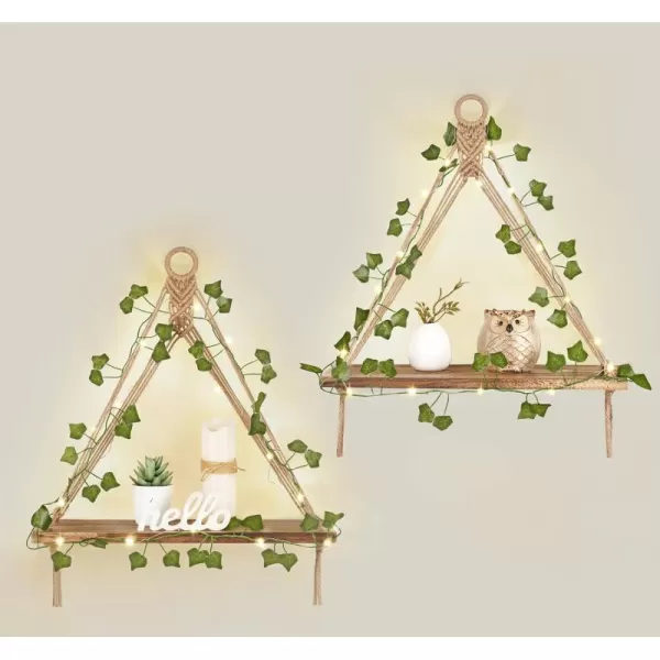 Mkono Artificial Ivy Macrame Hanging Shelves with Lights Set of 2 Boho Wall Decor Display Plants Photos Wood Floating Storage Shelf for Bedroom Bathroom Living Room Nursery Dorm Kitchen WhiteBrown