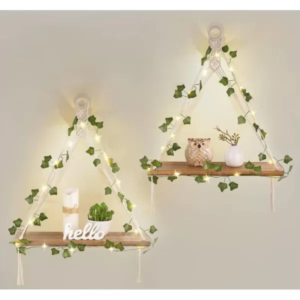 Mkono Artificial Ivy Macrame Hanging Shelves with Lights Set of 2 Boho Wall Decor Display Plants Photos Wood Floating Storage Shelf for Bedroom Bathroom Living Room Nursery Dorm Kitchen WhiteIvory