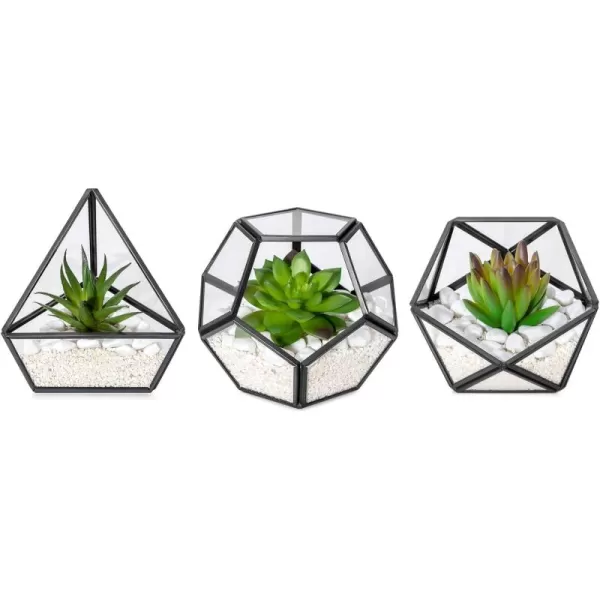 Mkono Artificial Succulent in 3 Pack Mini Glass Geometric Terrarium Miniature Potted Faux Plant Bookshelf Desk Boho Office Room Decor for Women Girls Dorm Gift Idea GoldBlack