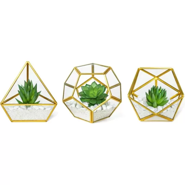 Mkono Artificial Succulent in 3 Pack Mini Glass Geometric Terrarium Miniature Potted Faux Plant Bookshelf Desk Boho Office Room Decor for Women Girls Dorm Gift Idea GoldGold green clear