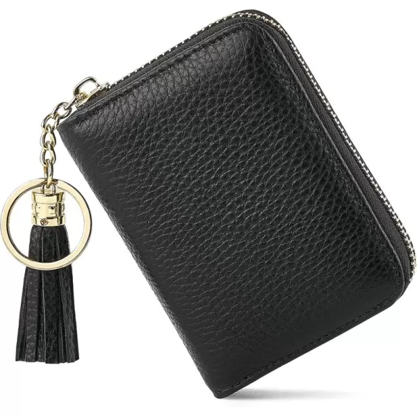 Mkono Credit Card Holder Small RFID Card Wallet with Keychain Zipper and Tassel for Women Slim Leather Card and Money Organizer Case Black