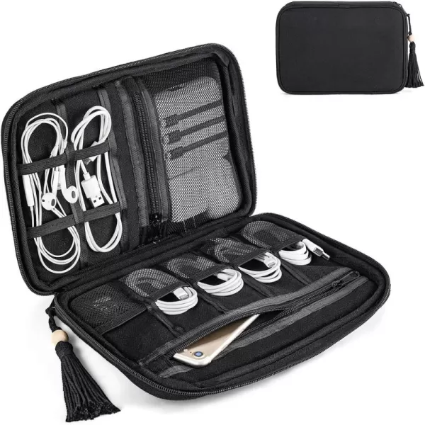 Mkono Electronics Organizer Travel Cable Cord Organizer Cotton Bag Portable AllinOne Accessories Travel Essentials Storage Case with Tassel for Cable Charger Phone USB Pouch for Women WhiteBlack