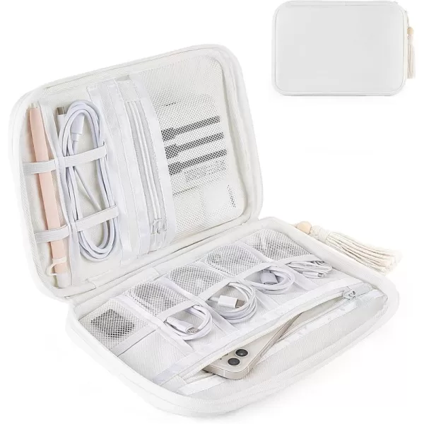 Mkono Electronics Organizer Travel Cable Cord Organizer Cotton Bag Portable AllinOne Accessories Travel Essentials Storage Case with Tassel for Cable Charger Phone USB Pouch for Women WhiteWhite