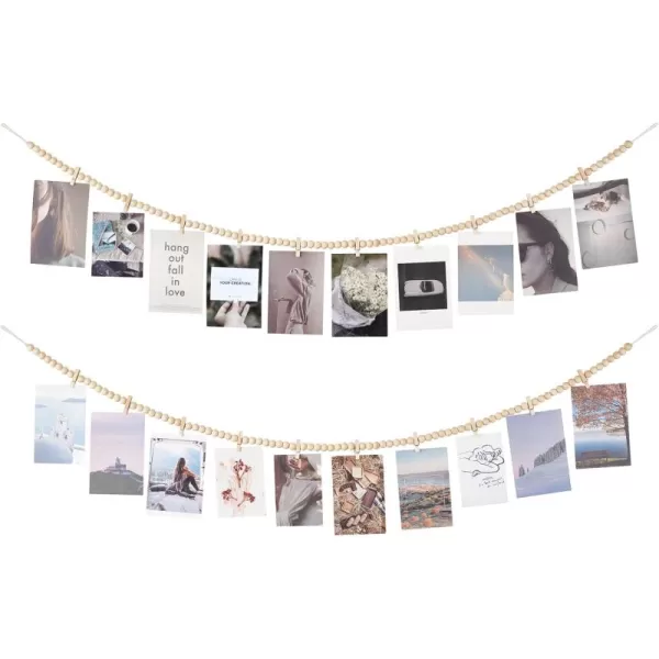 Mkono Hanging Photo Display with Clips Boho Wooden Bead Garland Banner Collage Card Picture Kids Art Holder String with 9 Clips for Bedroom Living Room Dorm Decor Teen Girl Gifts Brown 2 PackBrown