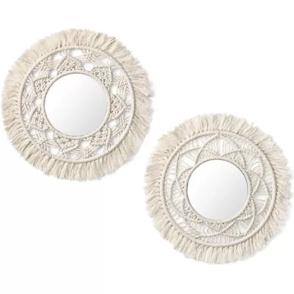 Mkono Hanging Wall Mirror with Macrame Fringe 2 Set Small Round Decoration Boho Antique Mirror for Apartment LivingRoom Bedroom Baby NurseryBeautiful Gift Ideas