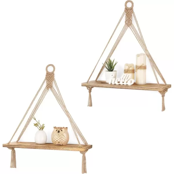 Mkono Macrame Hanging Shelves Boho Wall Decor Set of 2 Rustic Wood Floating Storage Shelf for Bedroom Bathroom Living Room Nursery Dorm Room Display Shelving for Hanging Plants PhotosBrown