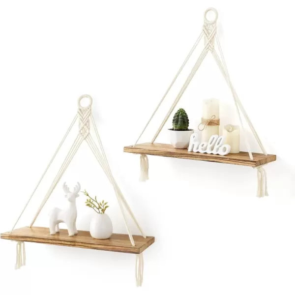 Mkono Macrame Hanging Shelves Boho Wall Decor Set of 2 Rustic Wood Floating Storage Shelf for Bedroom Bathroom Living Room Nursery Dorm Room Display Shelving for Hanging Plants PhotosWhite