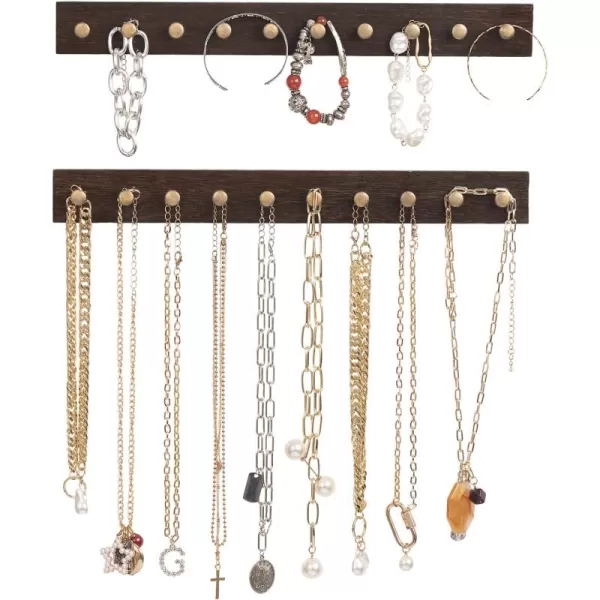 Mkono Necklace Holder Wall Mounted Set of 2 Rustic Wood Necklaces Hanger Jewelry Organizer Hanging with 20 Metal Round Hooks Jewelry Hooks for Necklaces Bracelets Chains KeysWhiteBrown