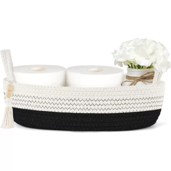 Mkono Small Storage Basket for Toilet Tank Top Boho Bathroom Decor Woven Rope Toilet Paper Tray Back of Toilet Organizer for Shelf Bedroom Living Room Black and White 1 Pack 13quot L x 6quot WBlack and White