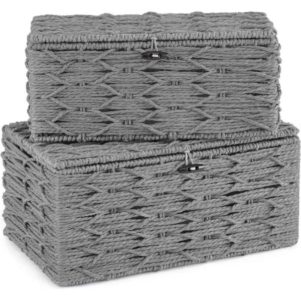 Mkono Storage Baskets Bin with Lid Decorative Paper Rope Handwoven Basket Organizer for Shelves Wardrobe Toilet Tank Top Rectangular Wicker Home Decor Box for Bedroom Living Room Set of 2 Grey